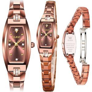 Olevs Slim Thin Rose Gold Steel Band Tonneau Square Quartz Waterproof Wristwatch
